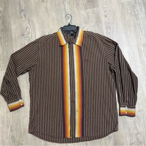 Vintage XL Men’s Rocawear Brown Striped Shirt with Colorful Accents